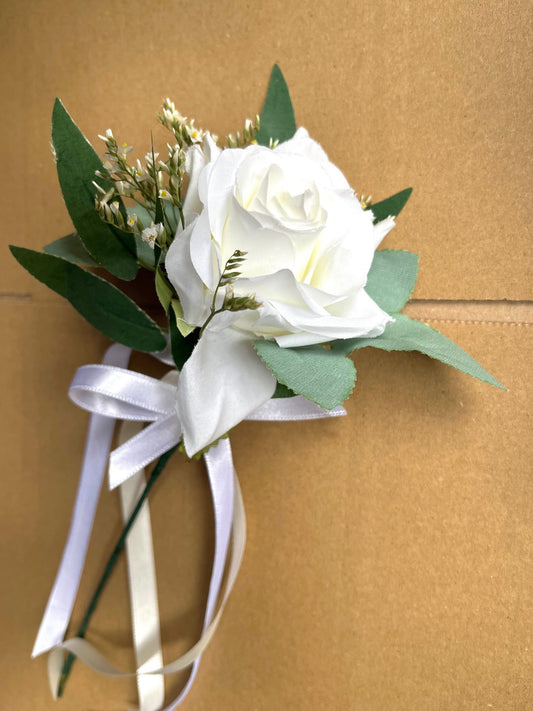 White Rose Baby`s Breath Flowergirl Wand