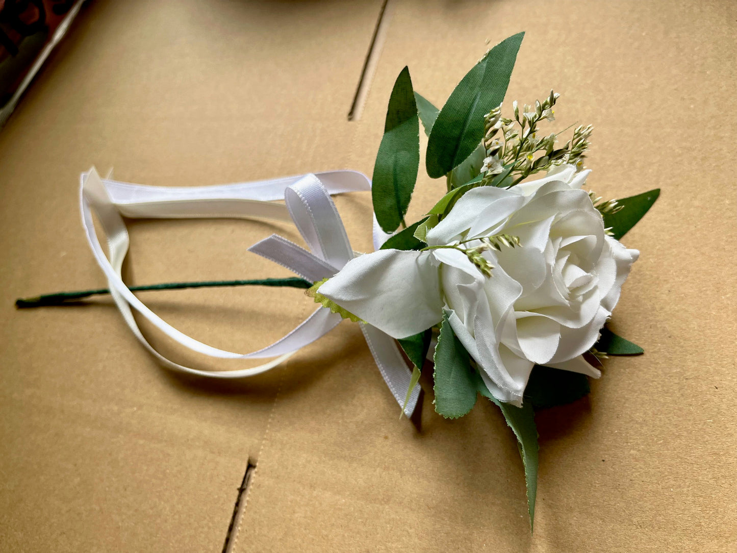 White Rose Baby`s Breath Flowergirl Wand