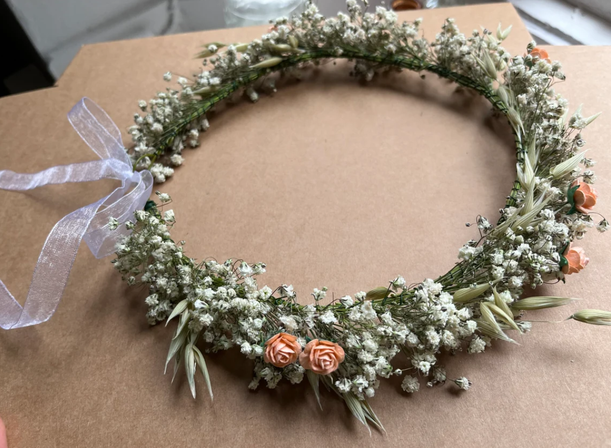 Dried Eucalyptus Baby's Breath and Rose Flower Crown