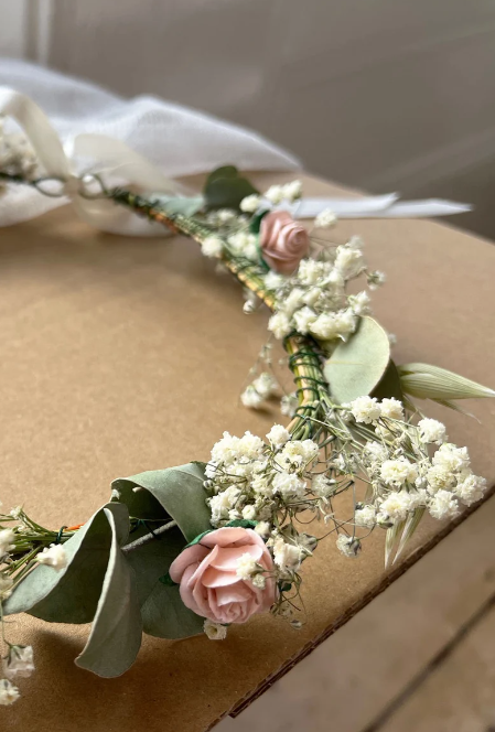 Dried Gypsophila Eucalyptus and Rose Flower Crown
