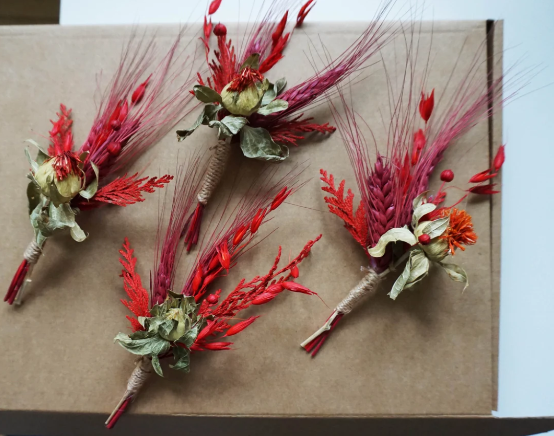 Red Dried Wild Flower Bridal Bouquet Set