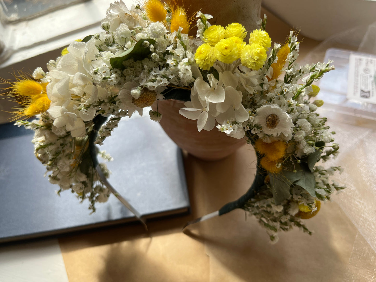 Yellow White Baby`s Breath Daisy Dried Flower Crown