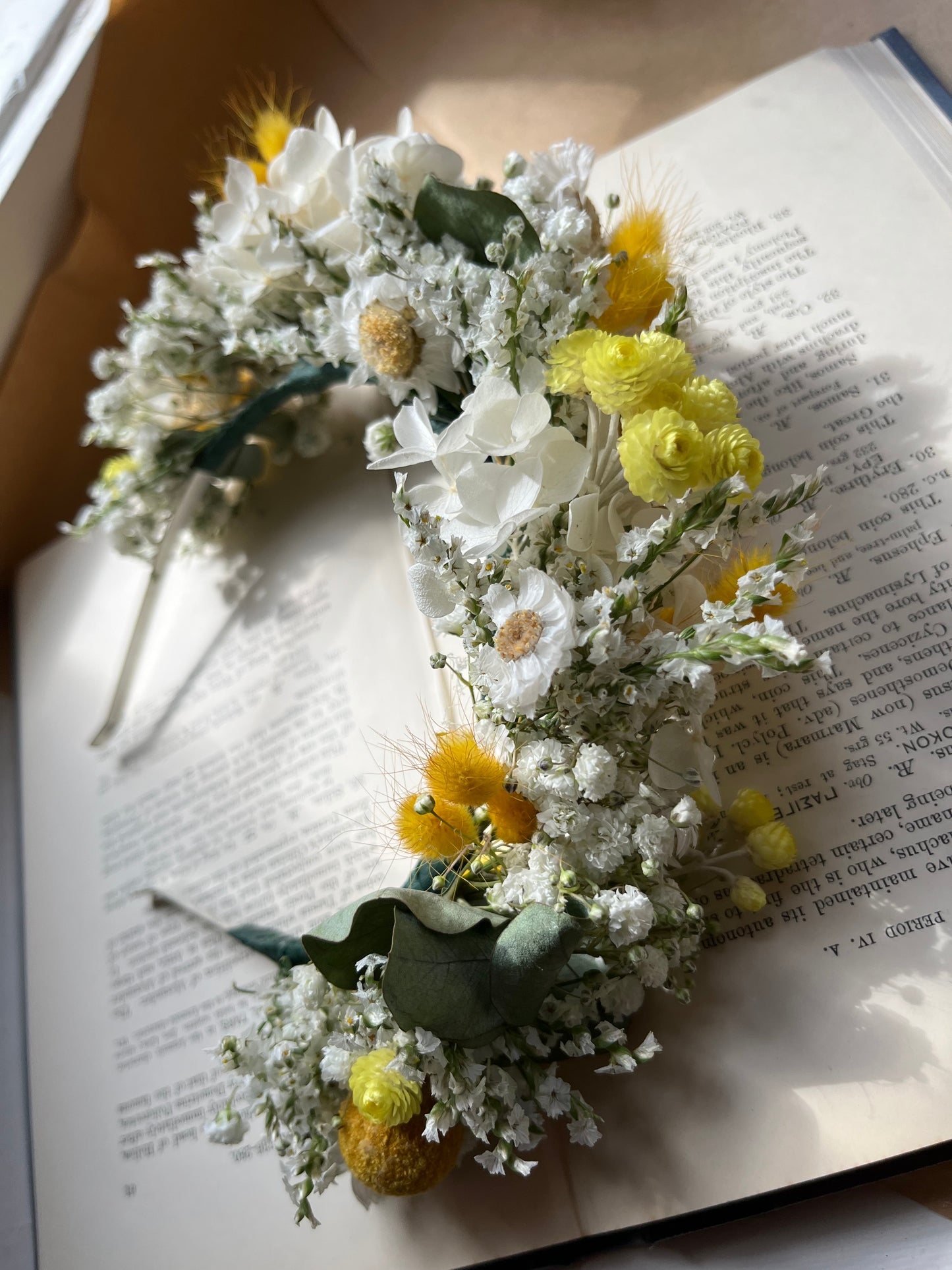 Yellow White Baby`s Breath Daisy Dried Flower Crown