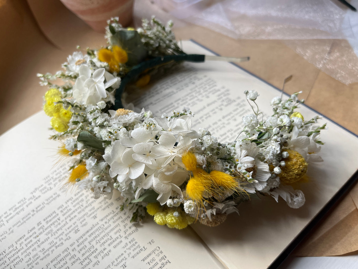 Yellow White Baby`s Breath Daisy Dried Flower Crown