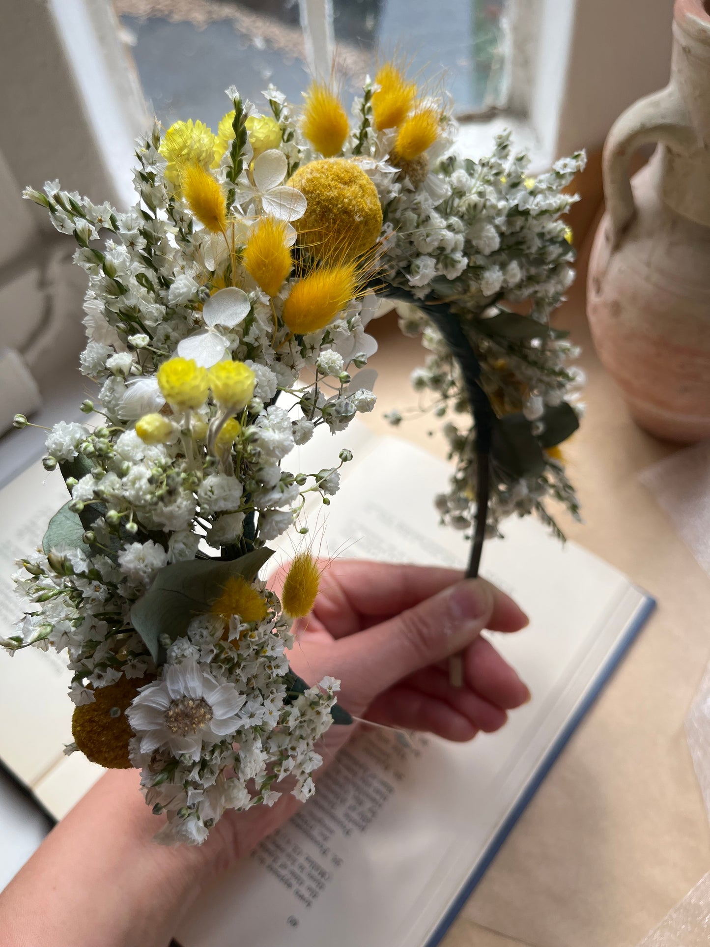 Yellow White Baby`s Breath Daisy Dried Flower Crown