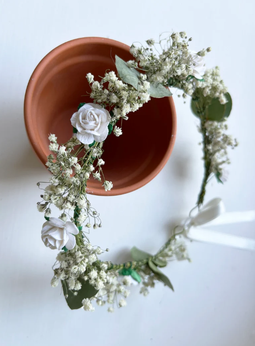 Dried Baby's Breath Eucalyptus and Rose Crown