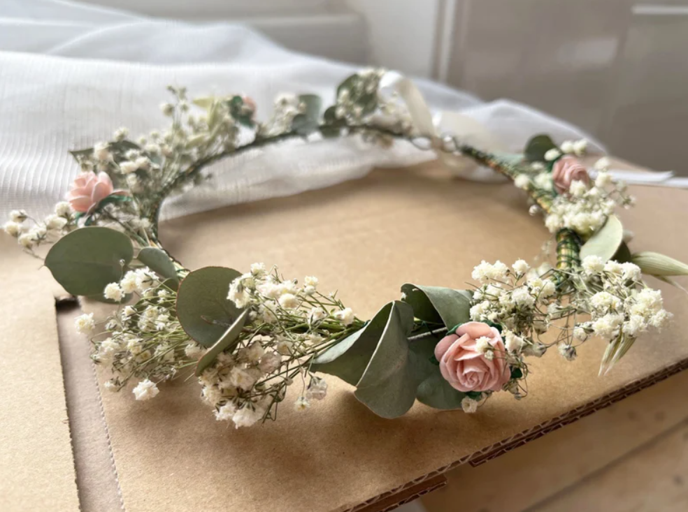 Dried Gypsophila Eucalyptus and Rose Flower Crown