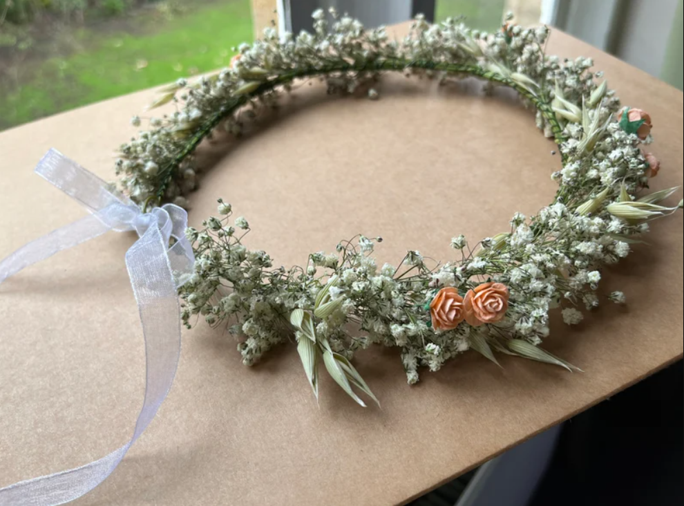 Dried Eucalyptus Baby's Breath and Rose Flower Crown