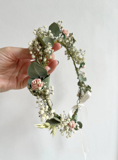 Dried Gypsophila Eucalyptus and Rose Flower Crown