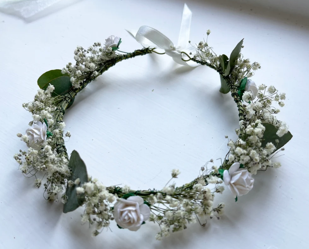 Dried Baby's Breath Eucalyptus and Rose Crown