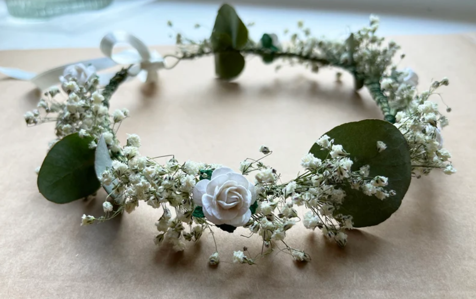 Dried Baby's Breath Eucalyptus and Rose Crown