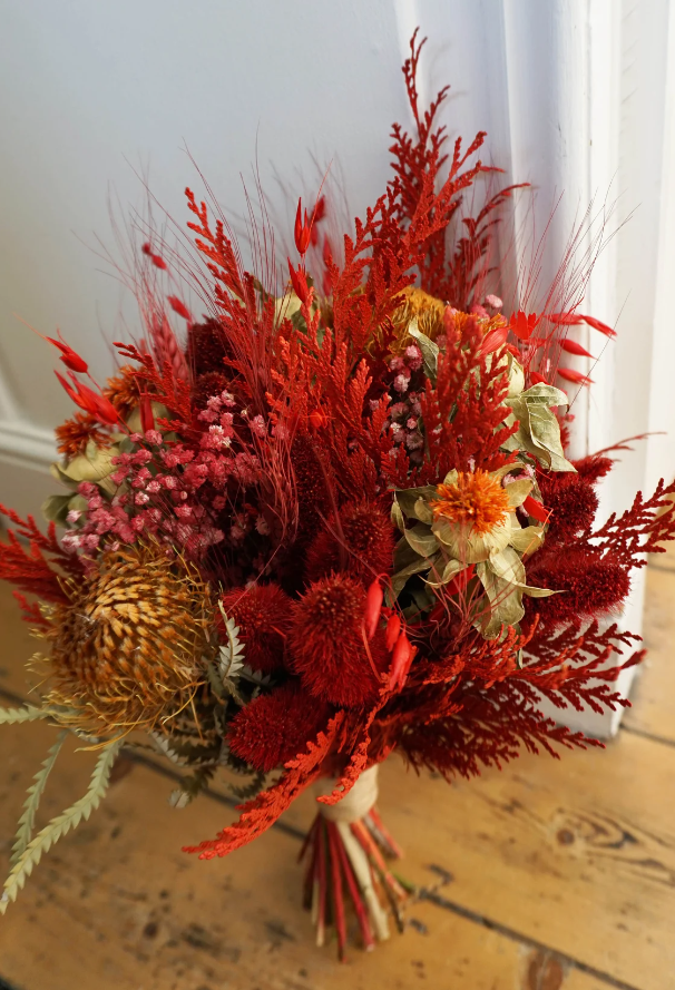 Red Dried Wild Flower Bridal Bouquet Set