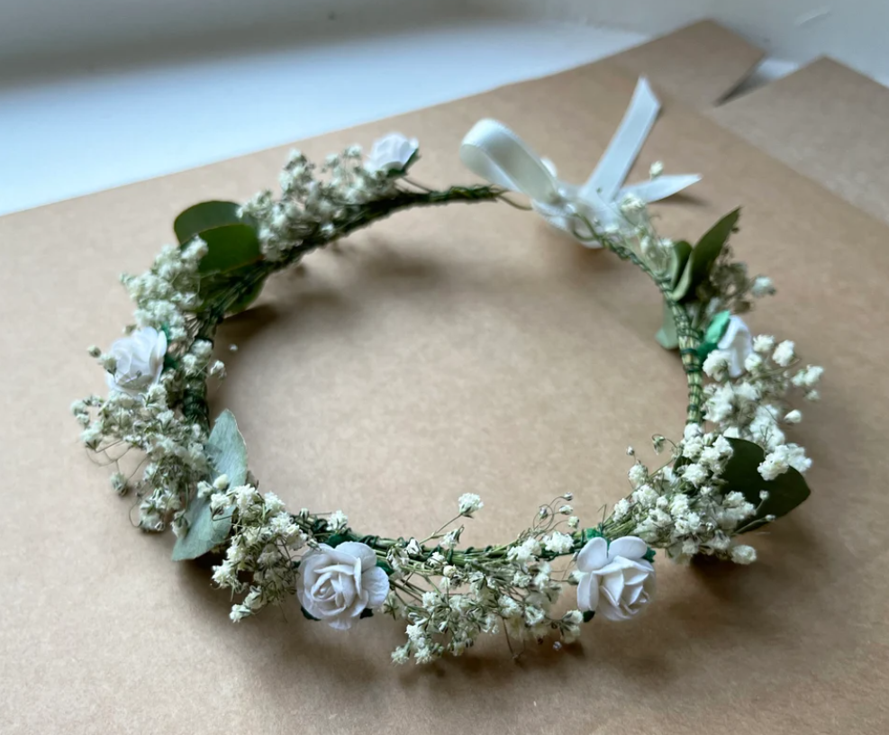 Dried Baby's Breath Eucalyptus and Rose Crown